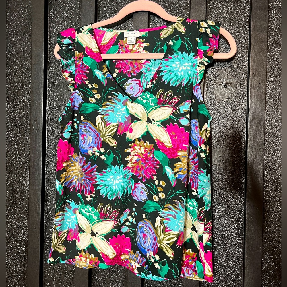 J Crew Womens Blouse Size 6 Shirt Top Floral Blue Green Ruffle Cap Sleeve
